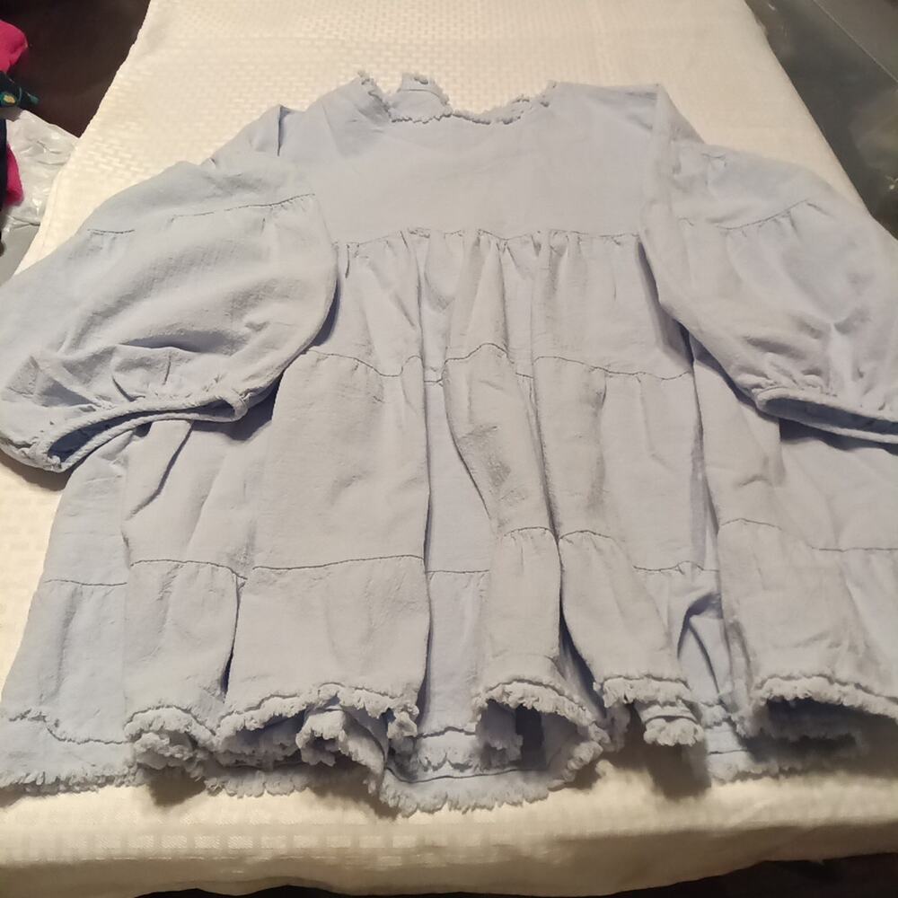 Fashion Top Women Blue Size XL Tiered Balloon 3/4 Sleeves Cottage Pullover Boho